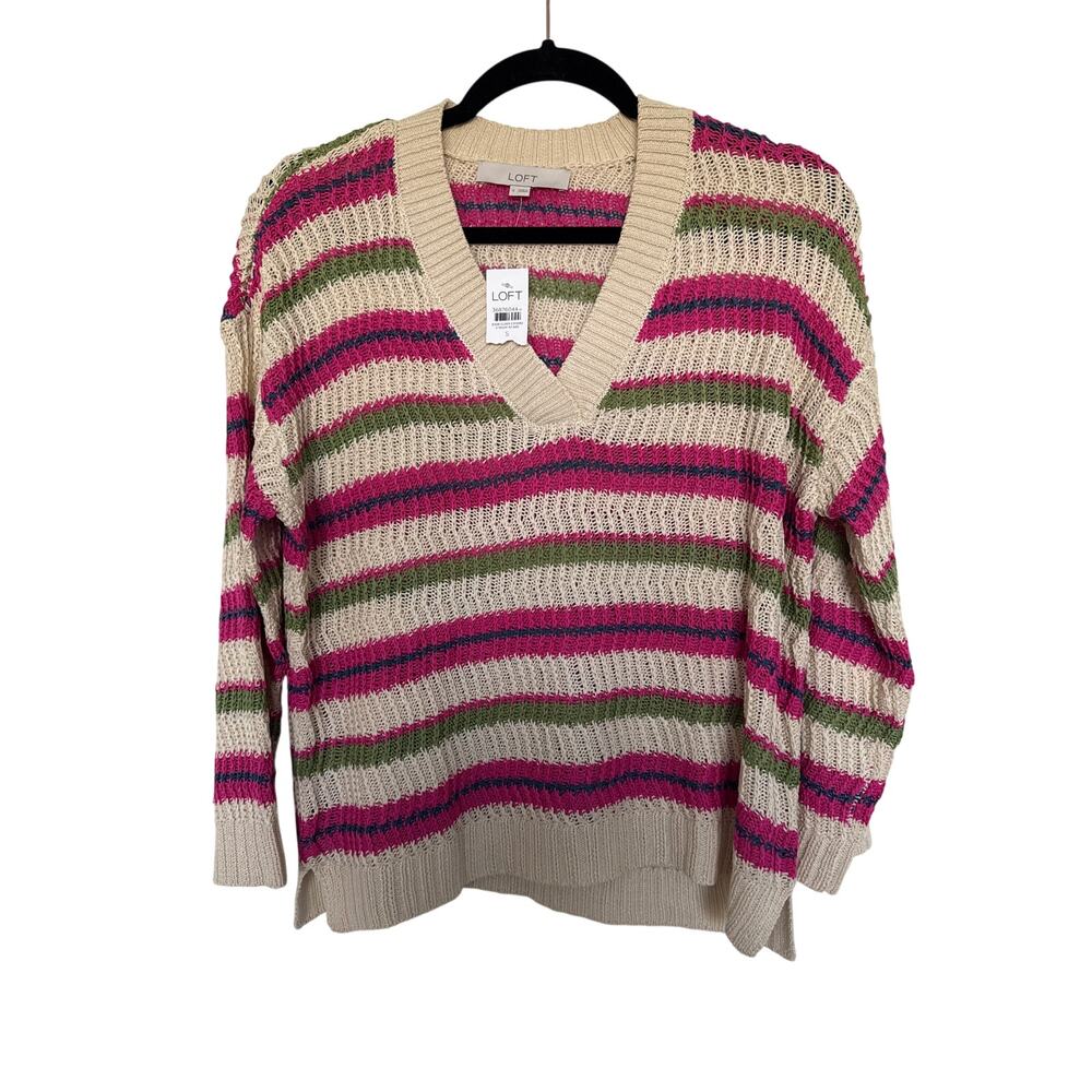 NWT Loft Textured Stripe V-Neck Sweater, S